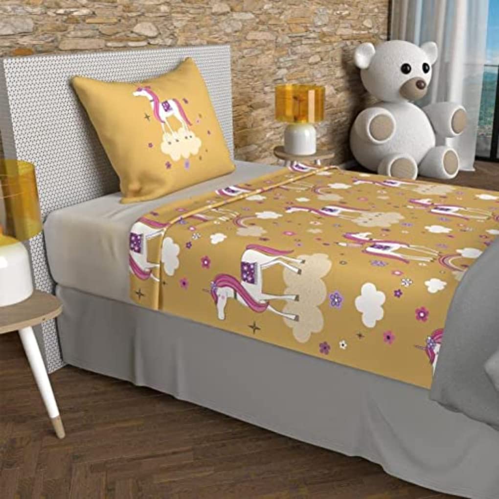 Soleil d'ocre, Bedding Set 180 x 290 cm Unicorns, Yellow, 100% Cotton, 57 Threads/cm²