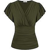 GRACE KARIN 2025 Womens Tops Summer Wrap Blouse V Neck Ruffle Sleeve Dressy Casual Top Ruched Trendy Clothes