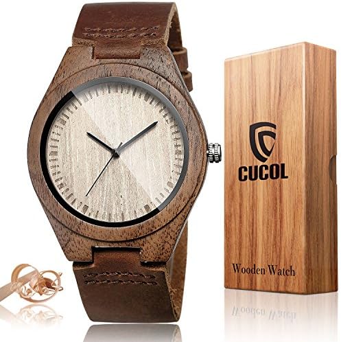 CUCOL Men's Walnut Wood Watch, Customize Engraved Wooden Stylish Leather Watch with Gift Box for Your Lovely Dad/Husband/Son(Christmas)