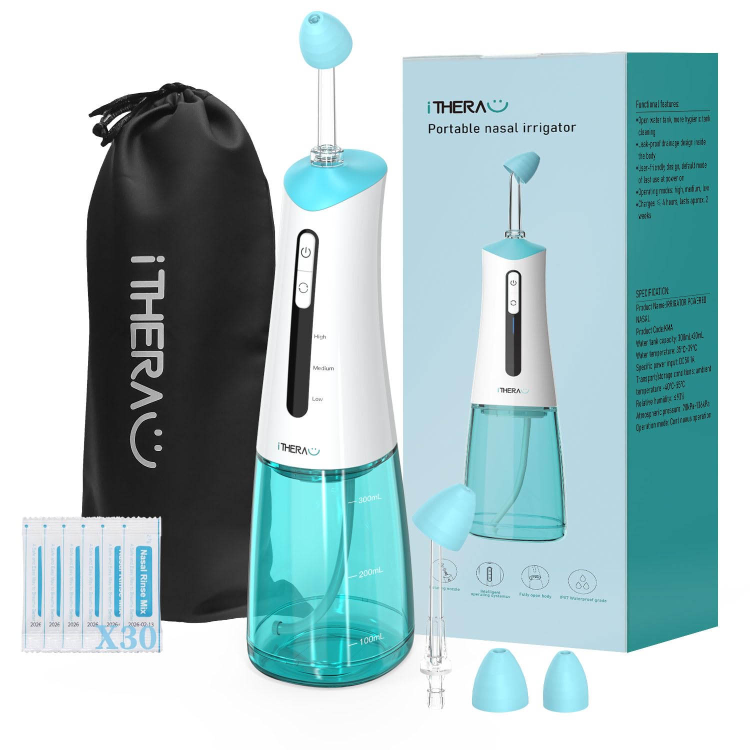 Sinus Rinse Kit - I-THERA-U Cordless Nasal Rinse Bottle Nasal Irrigation Kit Neti Pot Nasal Wash Nose Cleaner Adult Nasal Douche Kit Sinus Rinse Bottle Electric Neti Wash for Stuffy Nose, Sinus Relief