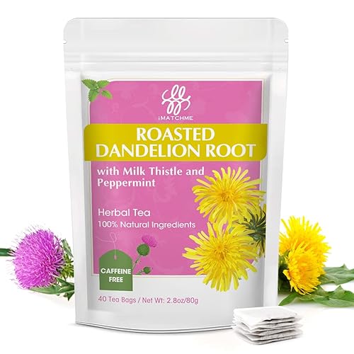 Premium Roasted Dandelion Root Tea with Milk Thistle and Peppermint - Herbal Tea for Cleanse and Digest, 40 bags