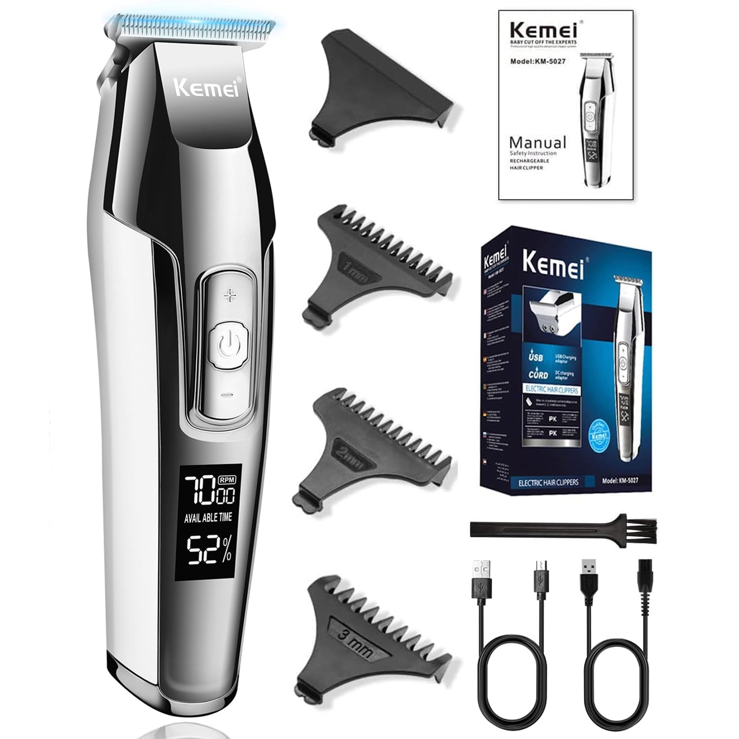 KEMEI Men's LCD Display Bald Hair Clipper Professional Beard Hair Trimmer Tools Cordless Electric Haircut Machine Rechargeable