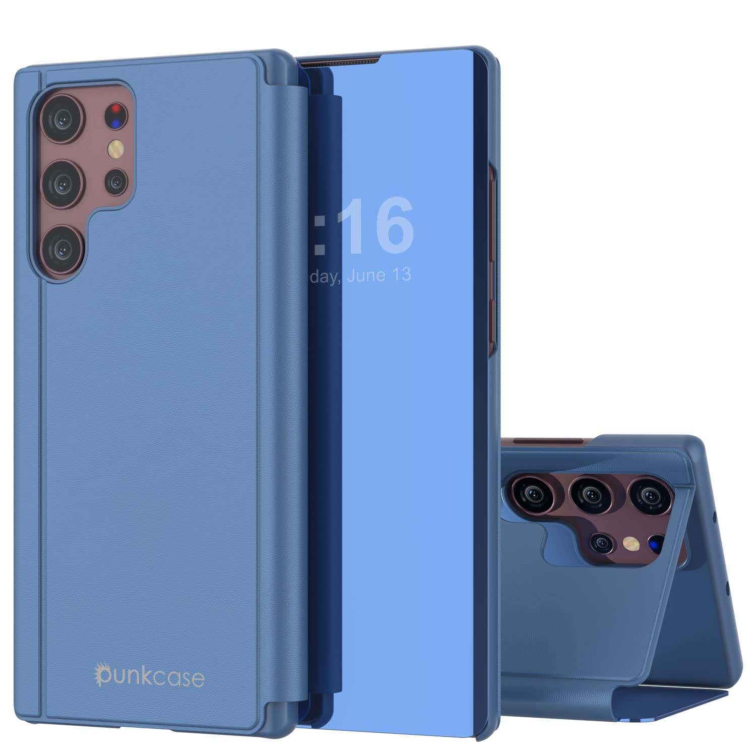 Punkcase S22 Ultra Reflector Case Protective Flip Cover W/Scratch Resistant Translucent Mirror Front & Non-Slip PU Leather Back Integrated Kickstand for Galaxy S22 Ultra 5G (6.8") (2022) (Blue)