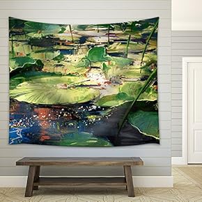 Beautiful Painting Showing Lotus Leaves in Pond - Fabric Wall Tapestry Home Decor - 51x60 inches