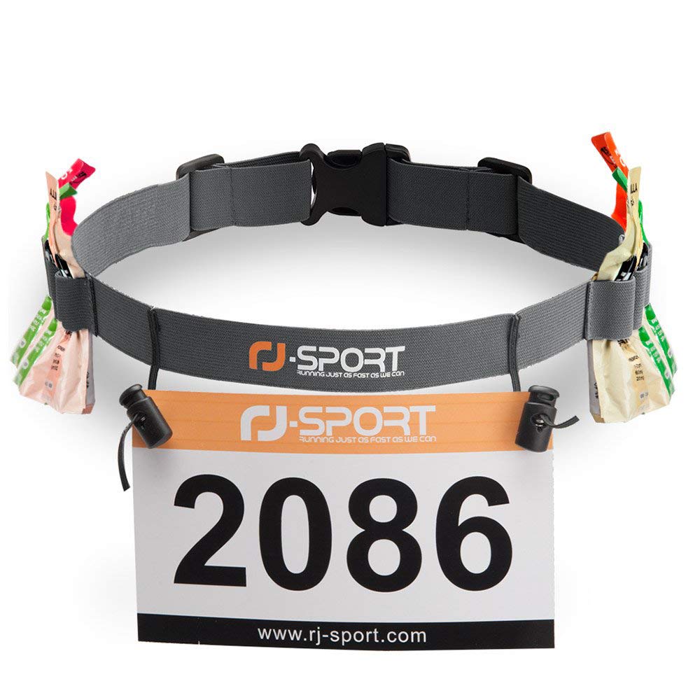RJ-Sport Race Number Belt - Triathlon Race Belt BIB Holder with 6 Energy Gel Loops for Triathalon, Marathon, Running and Cycling, Gray