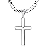 MILACOLATO 925 Sterling Silver Cross Necklace for Men Women - 5mm Durable 316L Stainless Steel Figaro Link Chain with Beveled Edge Cross Pendant, Silver Crucifix Necklaces Jewelry, 16-30'' Christian Baptism Gift