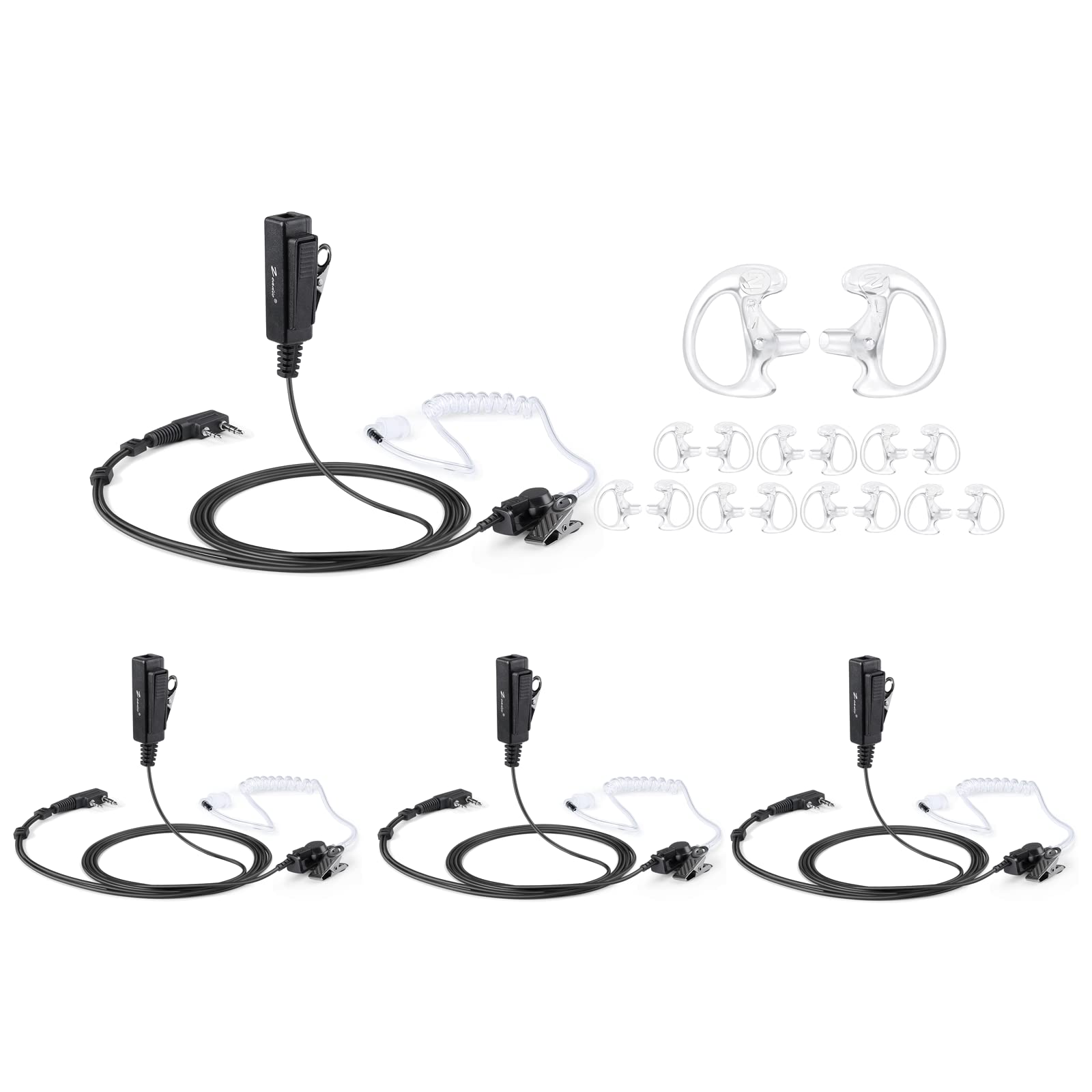 zeadio Surveillance Covert Air Acoustic Tube Headset with Earmold Earpiece and Push-To-Talk Microphone for Kenwood Baofeng HYT 2 Pin Two Way Radio Walkie Talkie (Pack of 4)
