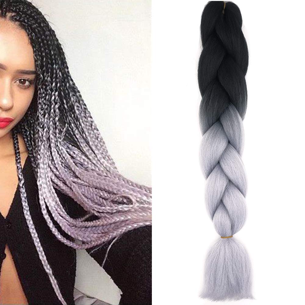 24" Braiding Hair Extension Jumbo Braids Synthetic Crochet Hair Afro Box Braid Heat Resistent (Black&Silver Grey)