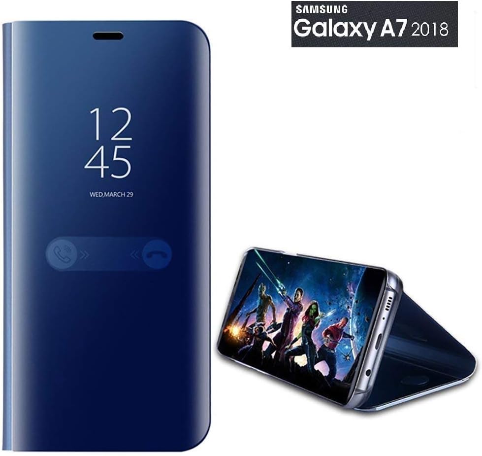Trueupgrade™ Luxury Clear View Electroplate Mirror Protective Leather Flip Cover for Samsung Galaxy A7 2018 (Blue)