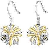 KINGWHYTE Daisy Earrings 925 Sterling Silver Daisy Flower Drop Earrings Daisy Dangle earrings with Bee Birthday Christmas Jewelry Gifts for Women
