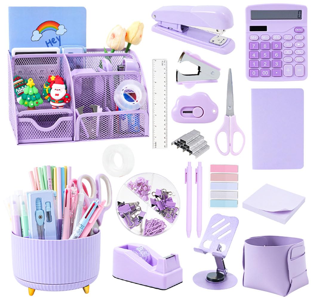 Gawsey Purple Desk Organizers and Accessories with Desk Organizer 360° Rotating Pen Holder and Office Supplies, 19Pcs Cute Stationery Supplies Set Image