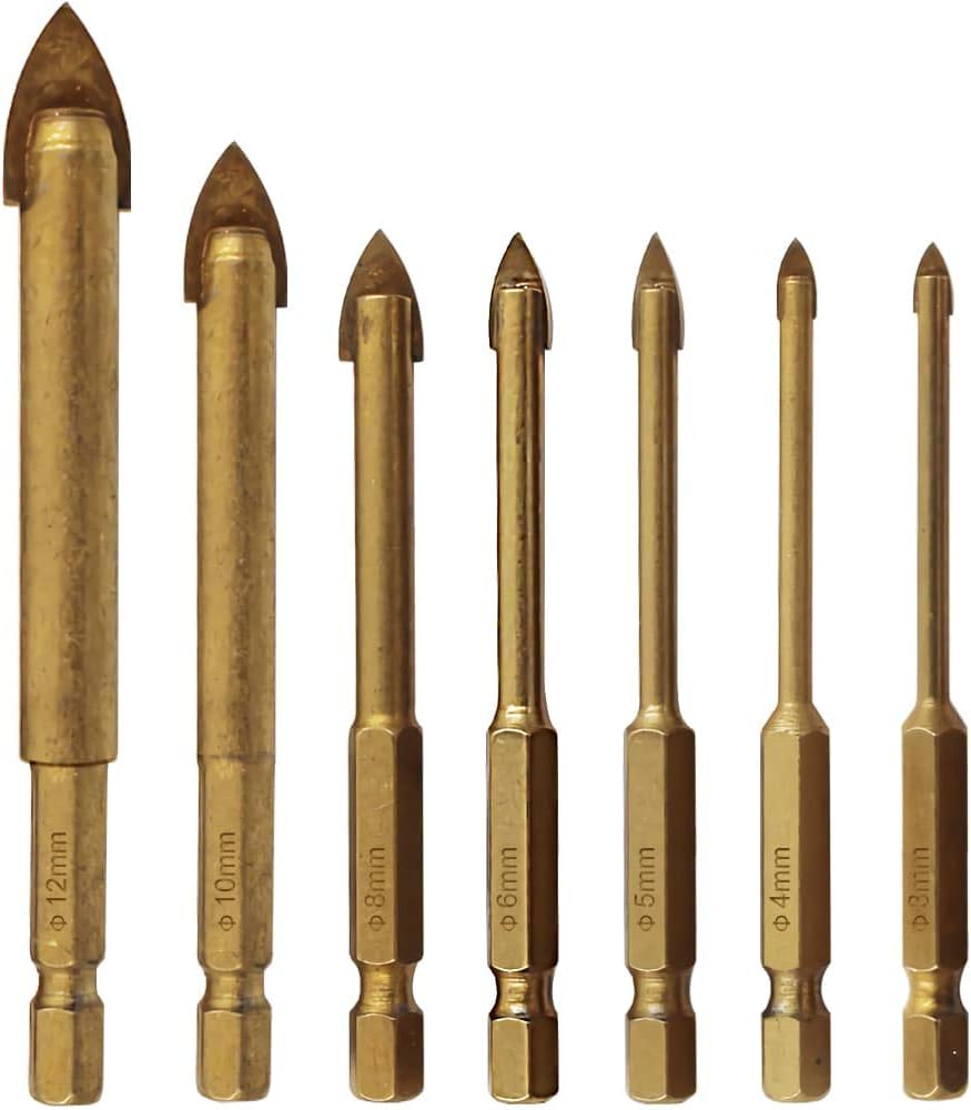 Hymnorq Glass and Tile Drill Bit Set of 7pcs, Titianium Coated and Tungsten Carbide Tipped Spear Head, 1/4 Inch Hex, Metric Size 3 4 5 6 8 10 12mm, for Drilling Tile Glass Brick Ceramic Concrete Wood