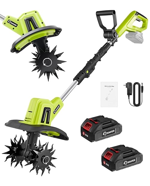 Saker 22V Cordless Electric Garden Tiller Cultivator, Lightweight Rototiller for Gardening, 9-Inch Tilling Width, 6.3-Inch Depth for Soil Preparation, Weeding, and Gardening 2 Batteries SK-TC18B