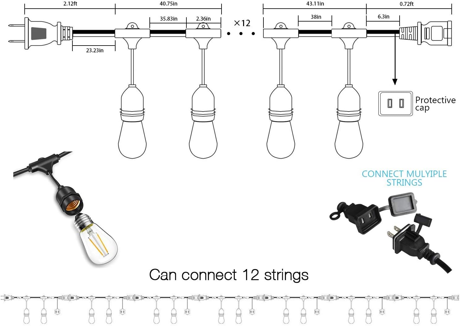 48FT Banord Outdoor String Lights, Commercial Grade Ambience LED Patio Lights with S14 2W Vintage Bulbs, Waterproof Hanging Lights String for Bistro Deck Backyard, E26 Socket - - 