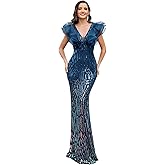 BluePlum Formal Wedding Guest Dress for Women, Sparkle Sequin Maxi Mermaid Gown, V-Neck & Ruffle Sleeve Cocktail Dress