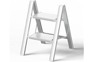PLEDDANIO 2 Step Ladder, Step Stool Folding Ladders for Adults, Lightweight Aluminum Stools, 330lbs Capacity, Home Kitchen Library Office Ladder White Silver