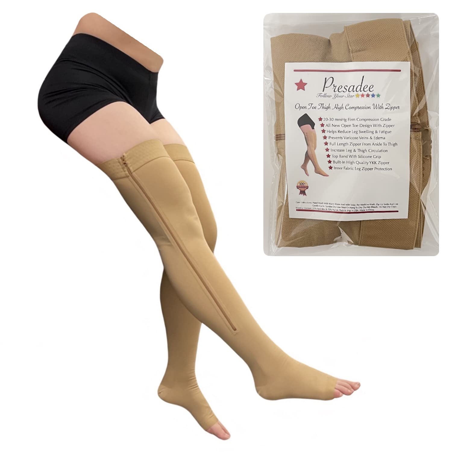 Photo 1 of Presadee Thigh High Open Toe 20-30 mmHg Firm Compression Leg with YKK Zipper (Beige, 0)