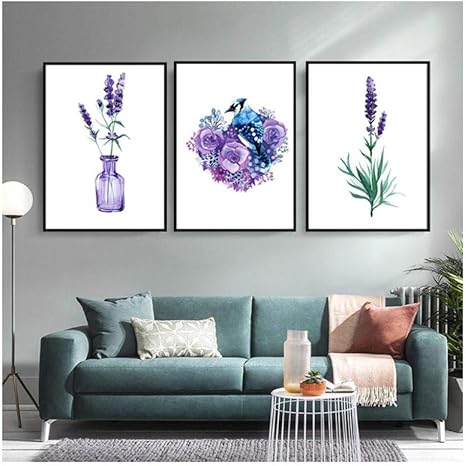 Amazon Liuyuekai 北欧の装飾紫のラベンダーの花植物葉鳥アートキャンバスポスターと印刷壁の装飾リビングルームの写真 40x50cmx3フレームなし ウォールステッカー オンライン通販