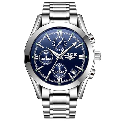 Bernsuisse LIGE Luxury Full Stainless Steel Japanese Quartz Chronograph Waterproof Watch for Men LIGE 9839 - Silver