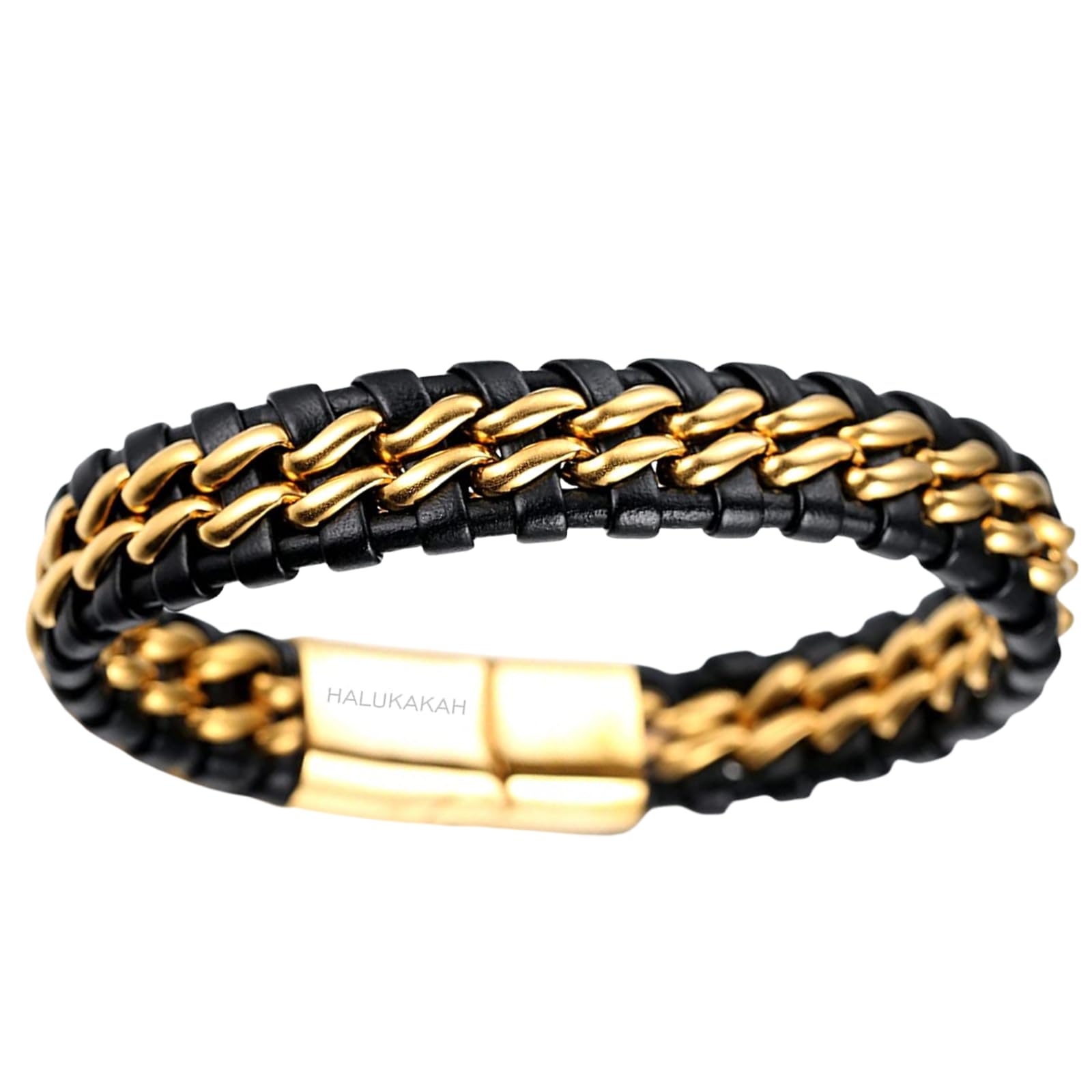 HALUKAKAH Boy's Kids Bracelet Leather ● Honour Gold ● 6-12 Y/O. Titanium Chain Magnetic Clasp 7"/18cm with Free Giftbox