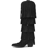Lyrisiphy Cowboy Boots for Women 5 Layer Fringe Knee High Western Cowgirl Boots with Pointed Toe Chunky Heel Tall Boots for Party, Concert and Dating