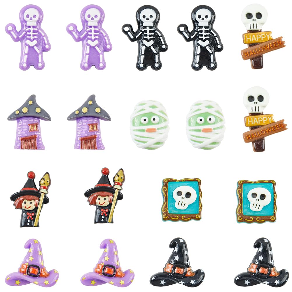 SUNNYCLUE 54Pcs 9 Styles Halloween Resin Charm Skeleton Cabochon Bulk Assorted Flatback Holiday Ghost Mummy Skeleton Skull Witch Hat Spooky Cabochons for DIY Crafting Jewellery Making Embellishments