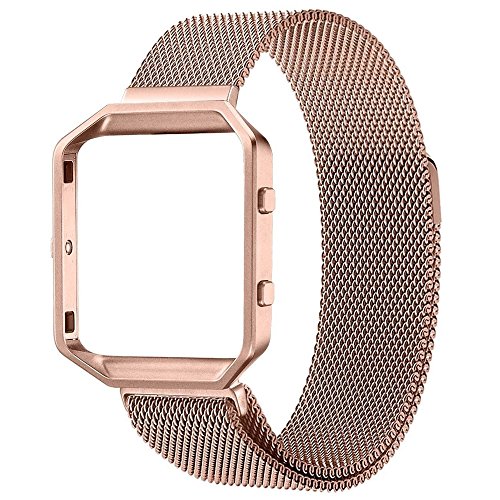 Fitbit Blaze Bands with Frame, PUGO TOP Stainless Steel Metal Magnetic Milanese Replacement Band for Fitbit Blaze Smart Watch (Rose Gold Milanese Band with Rose Gold Metal Frame, Small: 5â€ - 7.8â€)