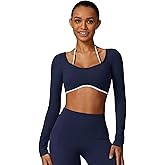 ABOCIW Long Sleeve Workout Tops for Women with Built in Bra Halter Open Back Croped Gym Top Yoga Athletic Shirts