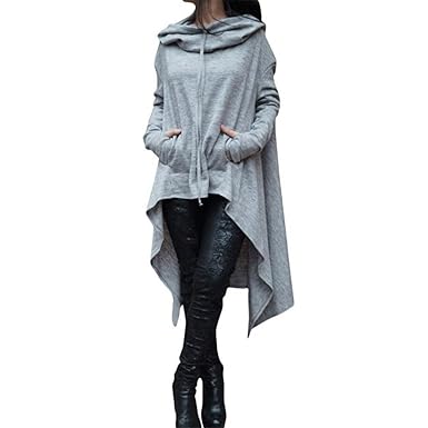 Moonuy Damen Langarmshirts, Frauen Herbst lose Hoodie Lange Kapuzen Tops Damen Lange Stil Sweatshirt Casual Pullover asymmetr