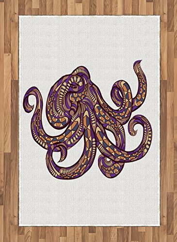 Ambesonne Octopus Area Rug, Octopus Illustration with Pattern and Colors Style Artwork Print, Flat Woven Accent Rug for Living Room Bedroom Dining Room, 4' X 5.7', Purple Mustard