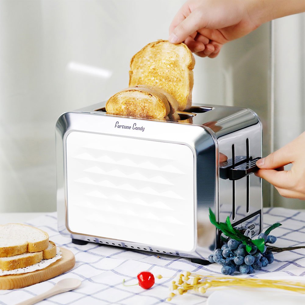 Toaster,Fortune Candy White Toaster 2 Slice,Stainless Steel Toaster with Extra Wide Slots,Removable Crumb Tray,High Lift Lever,Bagel Defrost Reheat Cancel Function,7 Setting Shade Selectors