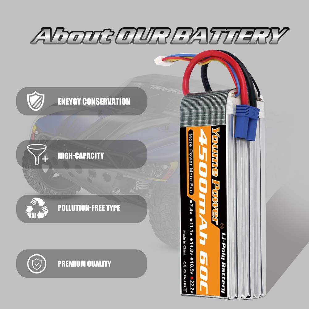 Youme 6S Lipo Battery,22.2V 4500mAh Lipo Battery 60C with EC5 and XT90 Plug for X Class Drone Racing 70MM 8MM 90MM EDF RC Quadcopter Airplane Helicopter Car Truck Boat Hobby (2 Packs) - Image 3