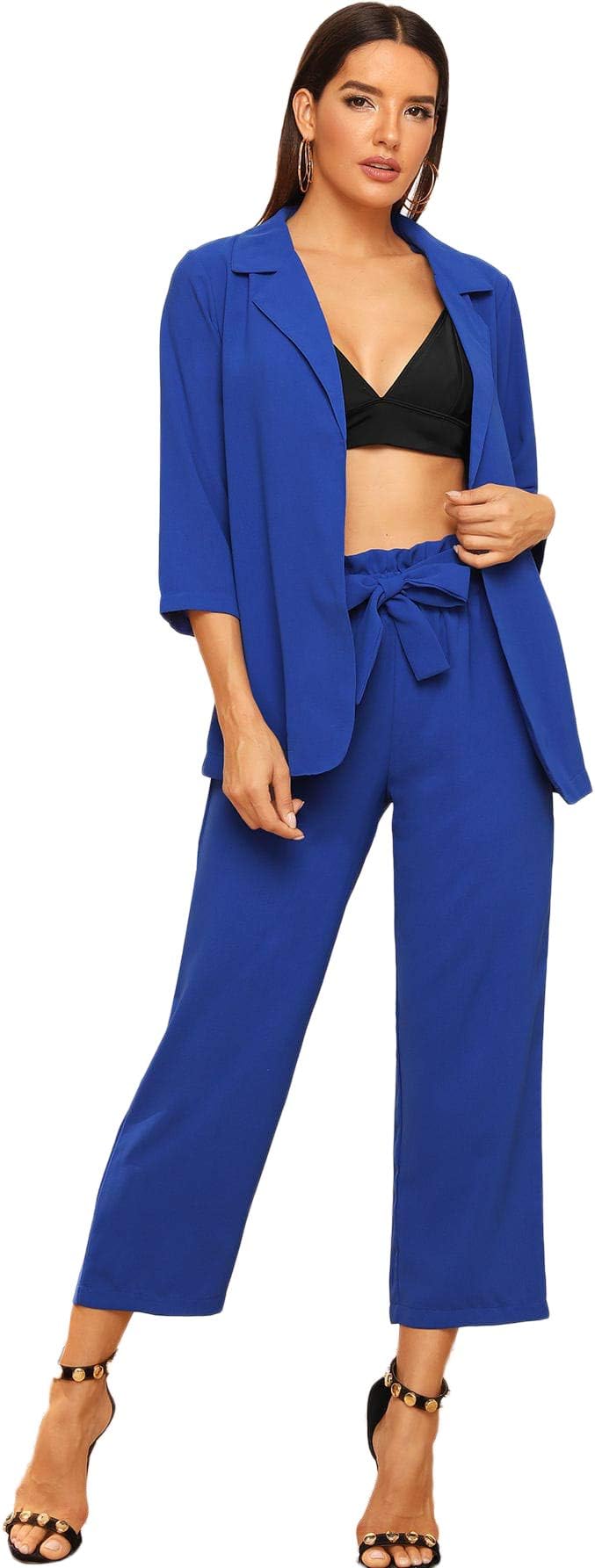 Women's 2 Piece Outfit Notched Neck 3/4 Sleeve Blazer and Wide Leg Belted Pants Set