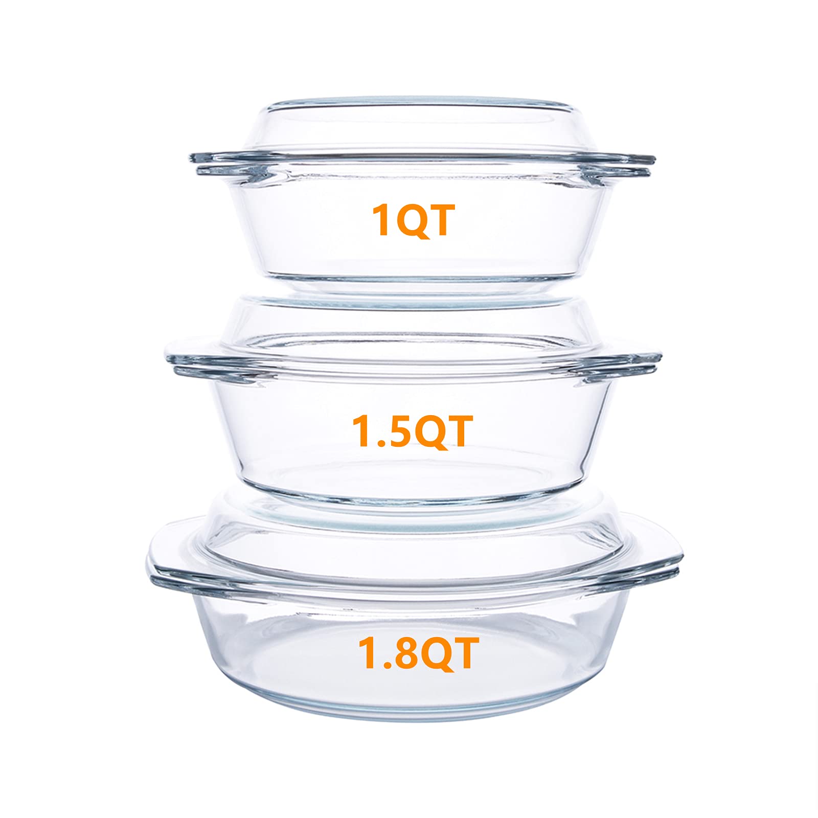 Set of 6 Pieces Round Tempered Glass Casserole Dish with Lids, Glass Casserole Baking Dish Set for Oven, Freezer and Dishwasher Safe - 1QT+1.5QT+1.8QT