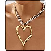 JWIGP Y2K Large Heart Necklace for Women, Oversized Hollow Big Heart Pendant Chunky Gold Silver Chain Layered Choker, Trendy Statement Jewelry Gifts