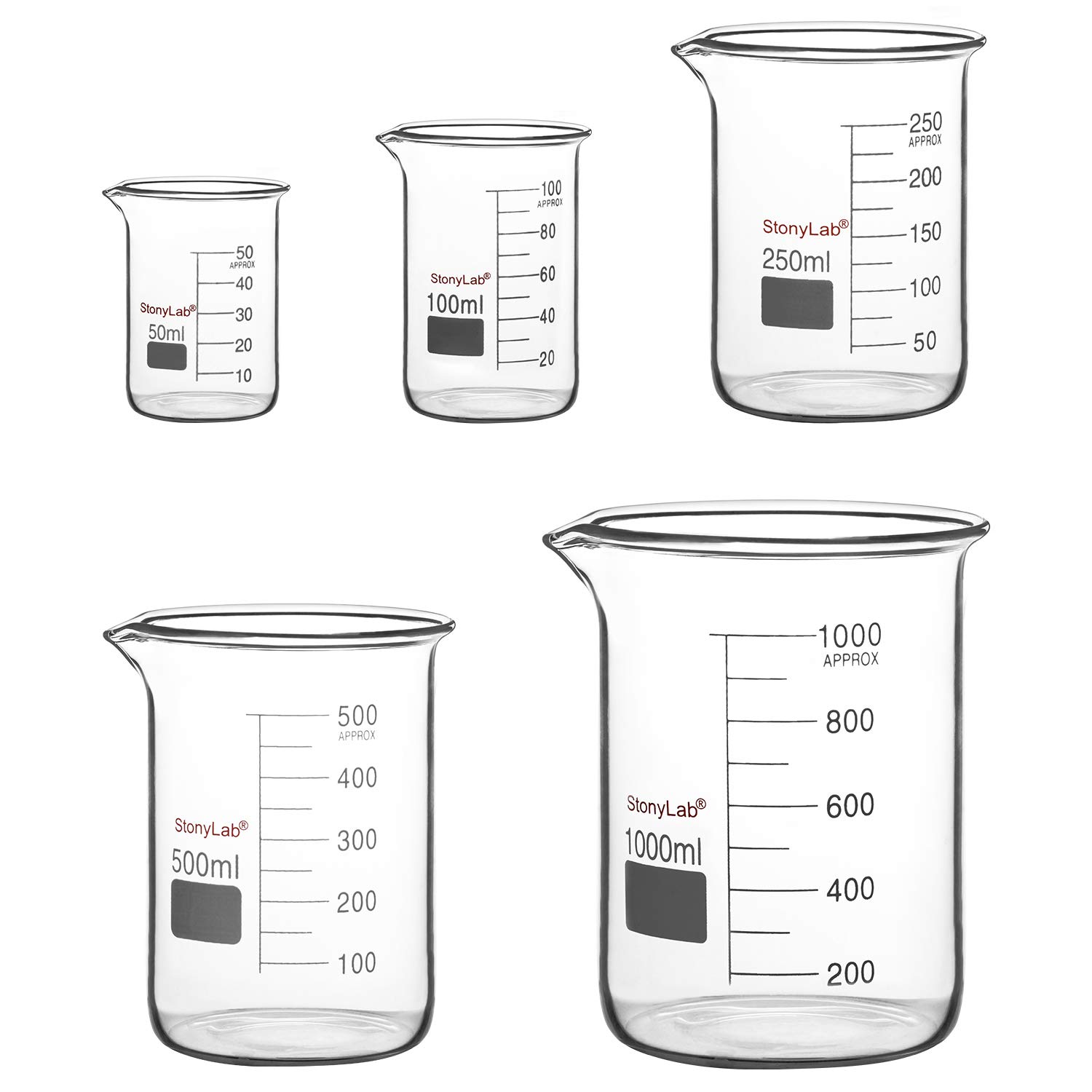 stonylab Glass Beaker Set, Borosilicate Glass Graduated Low Form Griffin Beakers in 5 Sizes, 50ml/100ml/250ml/500ml/1000ml (1 L), Combo Pack