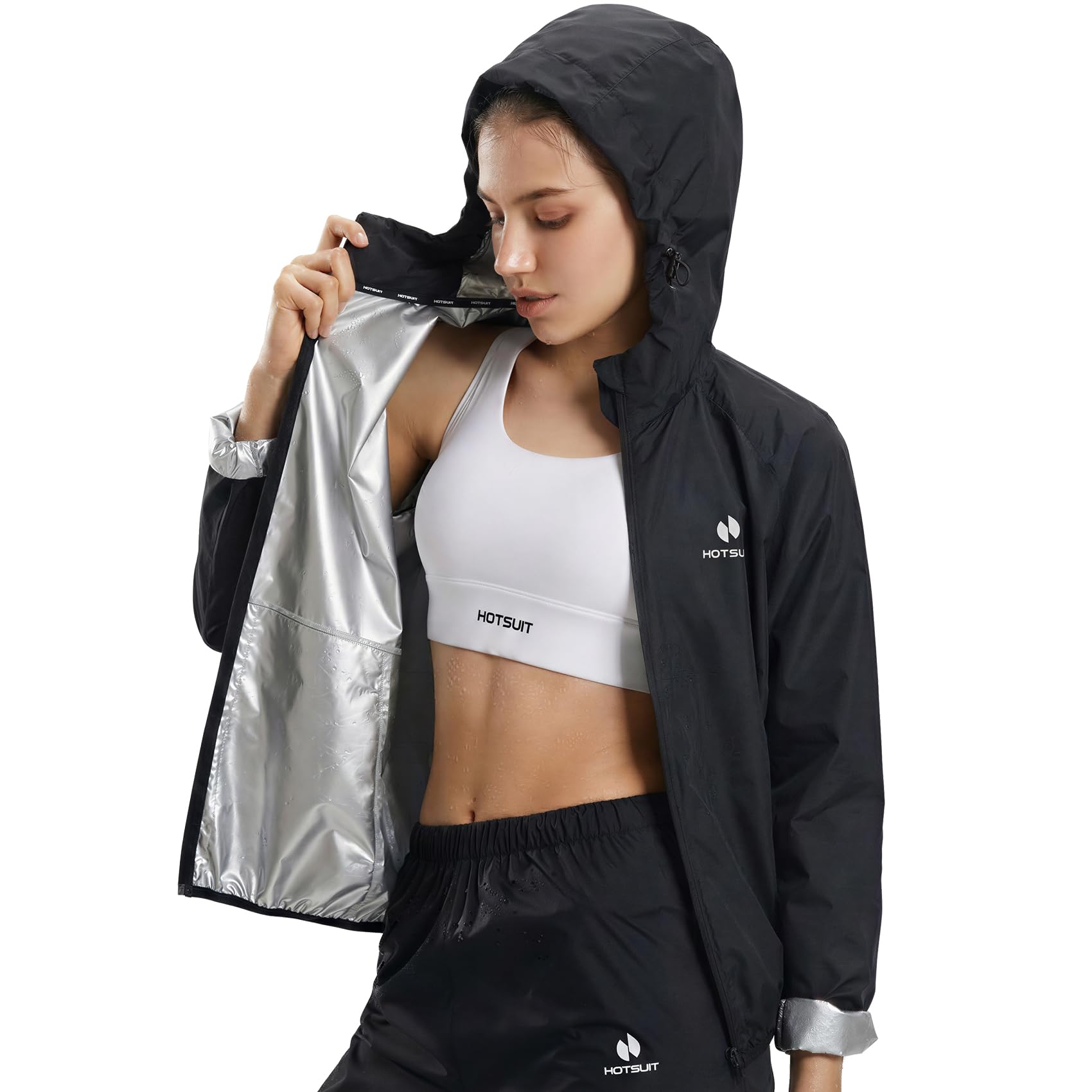 HOTSUIT Sauna suit for women with sweat jacket and sauna pant for sport sweat suits for fitness on Gym Black S
