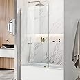 34" W x 58" H Frameless Single Fixed Bath Panel, Fixed Bathtub Screen with Clamps, 1/4" Clear Glass, Bathroom Shower Door Screen Fixed Tub Shower Glass Door Panel in Brushed Gold