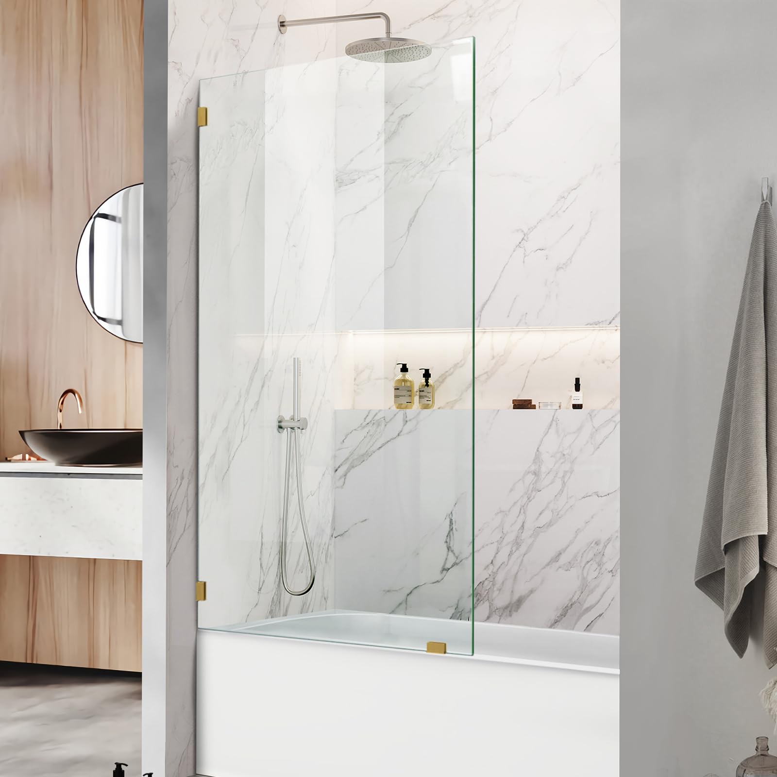 34" W x 58" H Frameless Single Fixed Bath Panel, Fixed Bathtub Screen ...