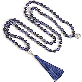 OAIITE 108 Mala Beads Semi-Precious Gem Stones Japa Mala Beaded Tassel Necklace with Tree of Life Pendant