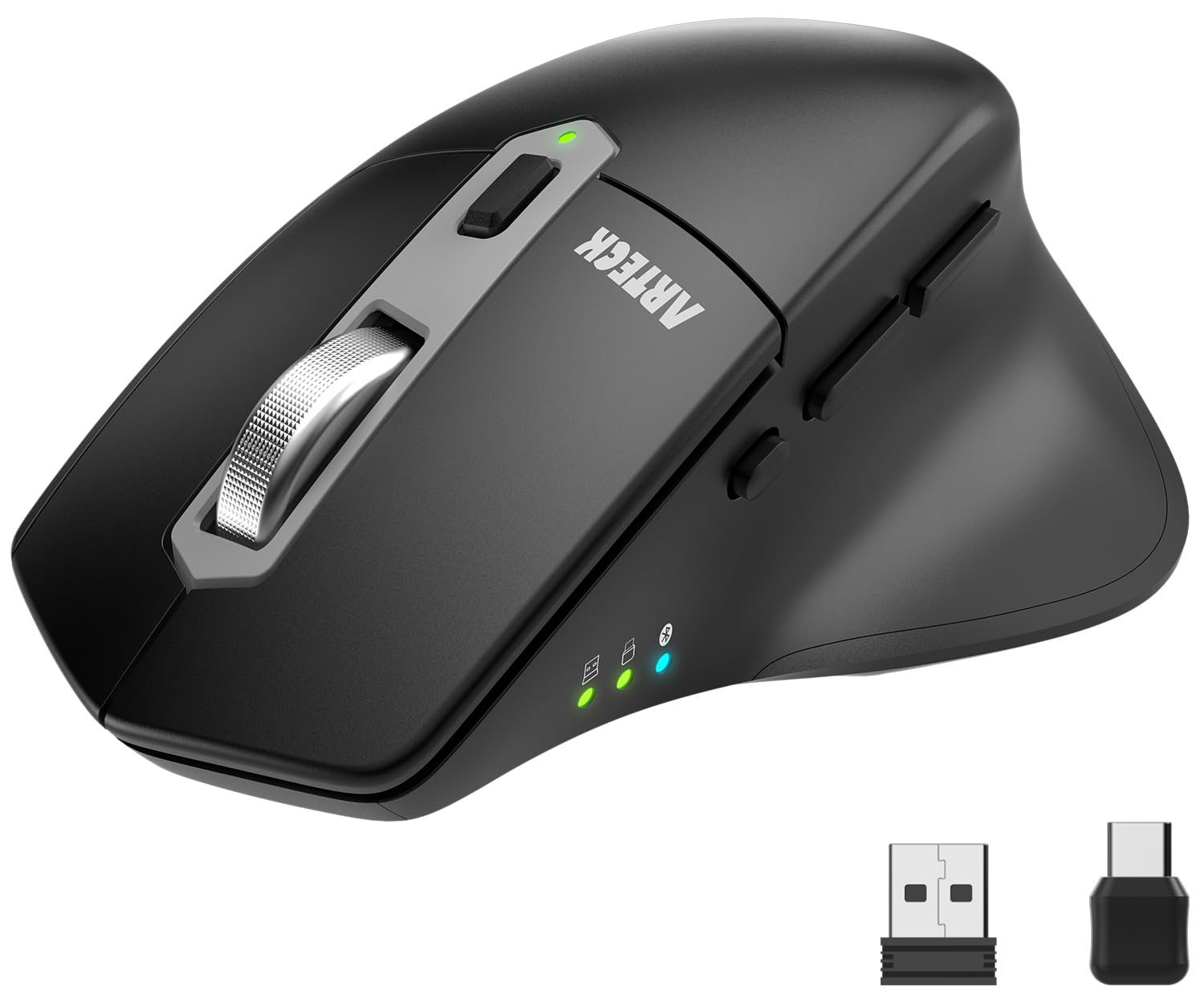 Arteck Multi-Device Wireless Bluetooth Mouse with Nano USB-A, USB-C Receiver Ergonomic Right Hand Silent Clicking Rechargeable Mouse for Computer Desktop PC Laptop Mac iPad and Windows 11/10 iPad OS
