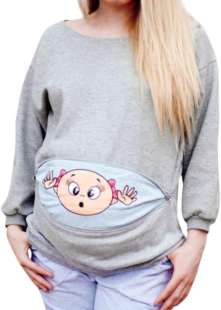 FALAIDUO Pregnant Women Long-Sleeved T-Shirt Large Size Cartoon Pregnant Women Maternity Baby Peeking Sweatshirt Funny Zip Pregnancy Mother Pullover Tops