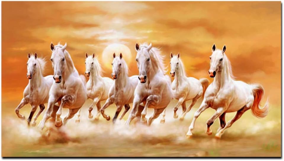 YJFFBH Canvas Painting Hd Printc Animals Seven Running White Horse Oil Painting On Canvas Modern Wall Painting for Living Room