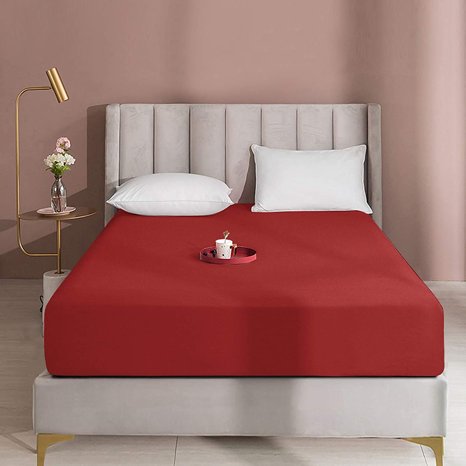 Queens Land Home Extra Deep 16"(40cm) Non Iron Percale Plain Pollycotton Fitted Sheet-(Super King, Red) — image 1