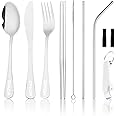 Travel Utensils Set Portable Camping Silverware Set with Case for 1 Stainless Steel Utensil Reusable Flatware Dinnerware, Knife Fork Spoon Chopsticks Bottle Opener(9 Pieces Silver)