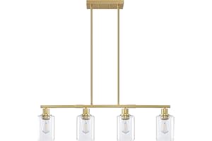 Doraimy Lighting Industrial Farmhouse 4 Light Gold Kitchen Island Light 4.5" Clear Glass Adjustable Cord Brushed Bronze Finish for Restaurant Over Sink Bar Pool Table