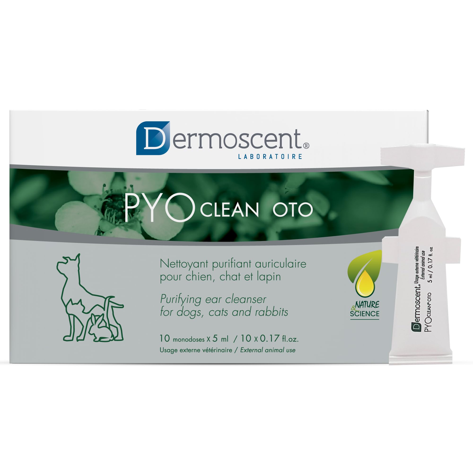 Dermoscent | PYOclean Oto | Cat & Dog Ear Cleaner Solution | Dog Ear Drops to Stop Wax Build Up, Head Shaking, Discomfort, Ear Odour & Scratching | 10 Single-Dose Pipettes