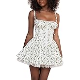 Women's Short Corset Sundress Boho Mini Dress Sleeveless Backless Low Cut Lace Dress Summer