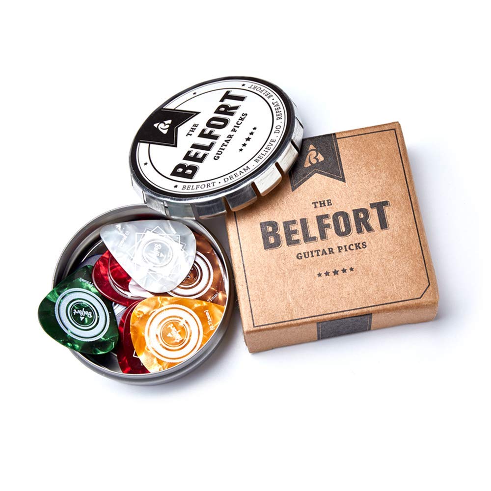BELFORT® Premium Guitar Picks (Pack of 20) | Bonus Free eBook | In Elegant Gift Box - Extremely Sturdy Celluloid Guitar Picks 4-Ply 0.45-1.20mm