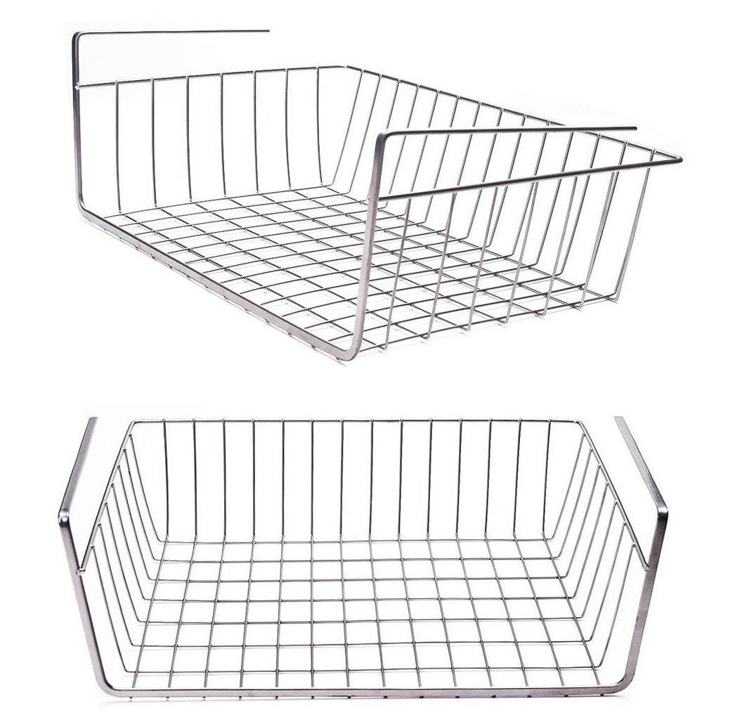 Tebery Under Cabinet Storage Shelf Wire Basket Organizer Fit Dual Hooks for Kitchen Pantry Desk Bookshelf Silver (2 Pack)